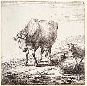 Stående ko og to liggende får by Nicolaes Berchem