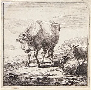 Stående ko og to liggende får by Nicolaes Berchem