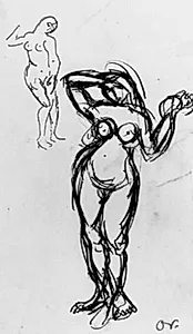 Stående kvindelig model med armene løftet over hovedet, fotv endnu en model by Emile Othon Friesz