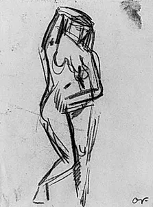 Stående kvindelig model med højre arm over hovedet: Eva by Emile Othon Friesz