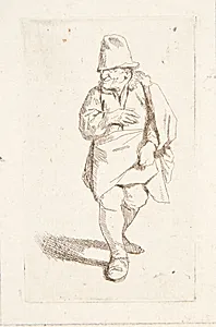 Stående mand med høj hat og kort frakke by Cornelis Pietersz Bega