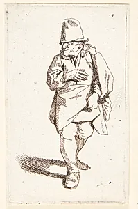Stående mand med høj hat og kort frakke by Cornelis Pietersz Bega