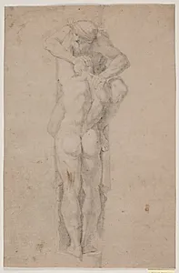 Stående mandlig figur, der holder omkring (eller trykkes ned) af skægget mand by Hendrik Krock