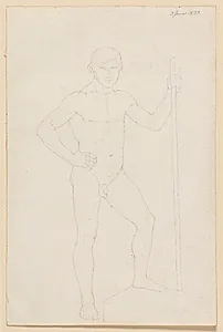 Stående mandlig model med en stav i venstre hånd by Erling Eckersberg