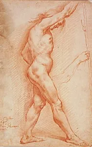 Stående nøgen mand med stav i profil mod højre og en skitse til hans højre arm by Alessandro Gherardini