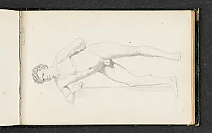 Stående, nøgen, mandlig model der læner sig mod en sokkel by Erling Eckersberg