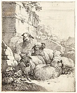 Stående og fire liggende får nær en mur by Johann Heinrich Roos