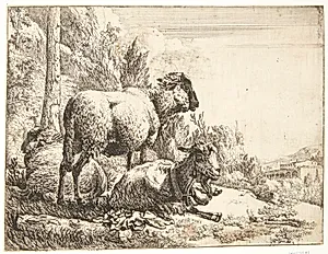 Stående og liggende får, i midten et får med klokke by Johann Heinrich Roos
