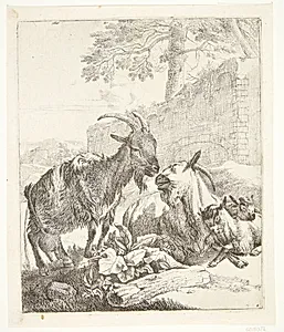 Stående og liggende ged, to gedekid til højre by Johann Heinrich Roos