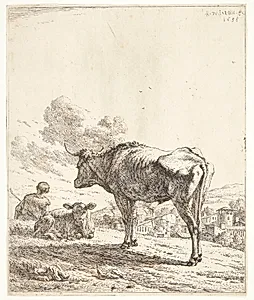 Stående okse og liggende kalv by Karel Du Jardin