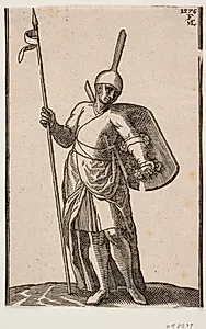 Stående soldat, frontalt set; hovedbeklædning med høj, tynd top; i h. hånd et spyd, på v. arm et skjold, som ses indefra by Melchior Lorck
