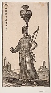 Stående soldat, frontalt set, hovedet vendt mod h.; han bærer bue over sin v. arm, pilekogger på ryggen og sværd ved sin v. side; han strækker koket sin h. arm bagud; i baggr. t.h. og t.v. to fæstningslignende bygninger by Melchior Lorck