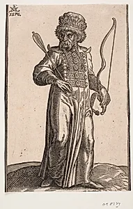 Stående soldat, frontalt set, hovedet vendt mod v.; han bærer pelsbræmmet hat, hans hår hænger ned i to fletninger; i h. hånd en pil, i v. hånd en bue og et sværd hænger ved hans v. side by Melchior Lorck
