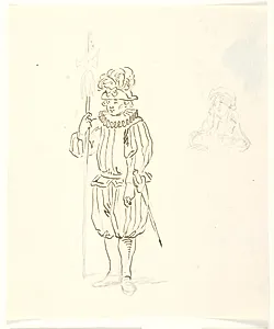 Stående soldat med lanse samt skitse af kvindehoved by Gerhard Ludvig Lahde