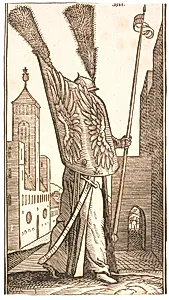 Stående soldat med skjold med ørnevinger samt hjelm prydet med en mægtig fjerbusk by Melchior Lorck