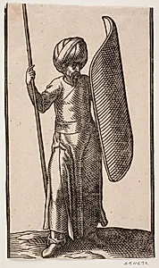 Stående soldat med turban, afbildet frontalt; i højre hånd et spyd og på venstre arm et buet skjold by Melchior Lorck