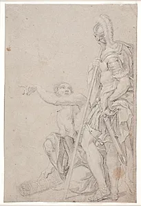 Stående soldat og knælende, pegende yngling by Hendrik Krock