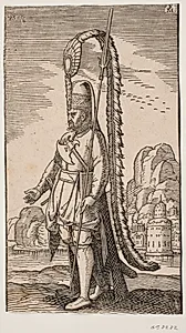 Stående soldat ved en klippekyst, hinsides vandet en by; hans hovedbeklædning er smykket med en ekstremt lang fjerprydelse by Melchior Lorck