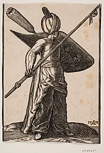 Stående soldat, vendt mod h.; på hovedet turban, i h. hånd en løftet lanse med vimpel under spidsen; på v. arm et skjold med en stofomviklet fjerbusk by Melchior Lorck