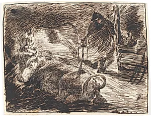 Staldinteriør ved aftentid med liggende køer og en mand med en lygte by Theodor Philipsen