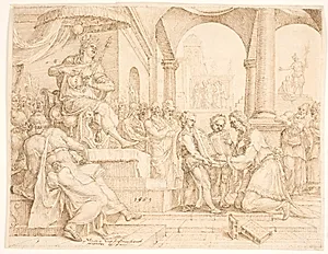 Statsskriveren Sjafan læser op af lovbogen for kong Josias, der sønderriver sine klæder by Maarten van Heemskerck