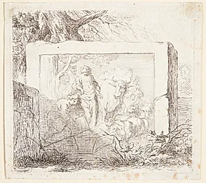 Stenblok med et basrelief forestillende en hyrde, der hælder vand i et trug by Nicolaes Berchem