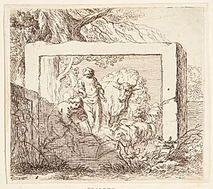 Stenblok med et basrelief forestillende en hyrde, der hælder vand i et trug by Nicolaes Berchem