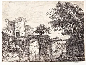 Stenbro over en flod by Anthonie Waterloo
