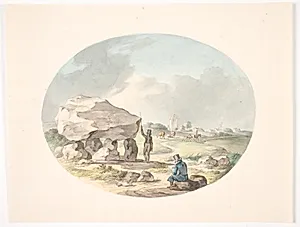 Stendysse uden for en landsby med en kirke by Christian David Gebauer
