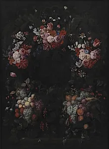 Stenkartouche med en guirlande af blomster og frugter