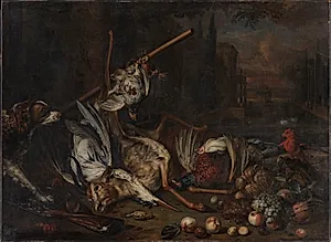 Stilleben med en død gazelle, hejre og andet fjerkræ, med en hund, papegøje, riffel og kokosnødder i et parklandskab by Dirk Valkenburg