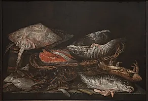 Stilleben med fisk på et stenbord by Abraham van Beijeren