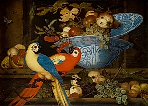 Stilleben med frugt og to papegøjer by Balthasar van der Ast