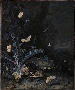 Stilleben med tidsel og slange by Otto Marseus van Schrieck