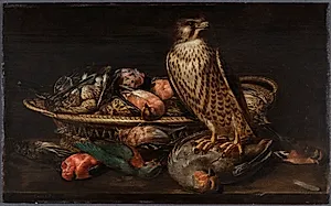 Stilleben med vandrefalk og fugle