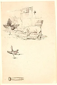 Storken og grisen. Nedenunder studie af skaden og et stykke værktøj. Illustration til Kaalunds "Fabler for Børn". Se kommentar fra arkkatalog. by Johan Thomas Lundbye