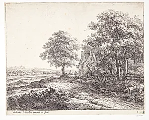 Stort lindetræ foran en kro by Anthonie Waterloo