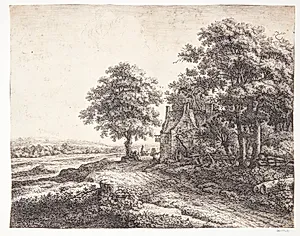 Stort lindetræ foran en kro by Anthonie Waterloo