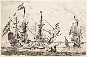 Stort orlogsfartøj og en jolle by Reinier Zeeman