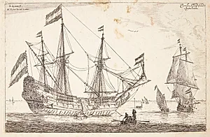 Stort orlogsfartøj og en jolle by Reinier Zeeman