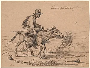 "Stræben efter idealet". Italiensk æselrytter driver dyret frem ved at holde en visk hø på en stang for dets snude by Wilhelm Marstrand