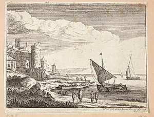 Strandparti, i baggrunden en muromkranset by by Jan van Almeloveen