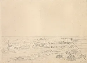 Strandparti med bølger, der står ind mod sten og en badebro. by C.W. Eckersberg