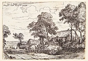 Stråtækt hus ved en vej by Lodewijk de Vadder