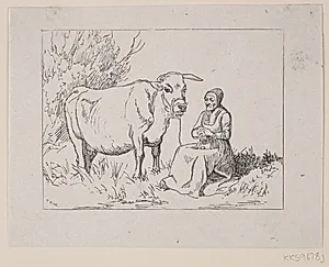 Strikkende Bondekone med en Ko by F. Hendriksen