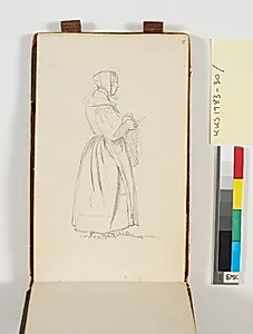 Strikkende kvinde i hel figur set fra siden by P.C. Skovgaard