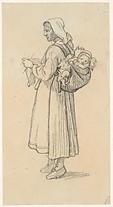 Strikkende svensk kone med et barn på ryggen by Wilhelm Marstrand