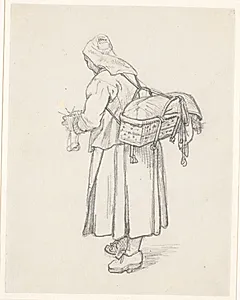 Strikkende svensk kone med kurv på ryggen by Wilhelm Marstrand
