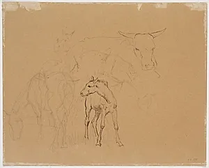 Studie af en græssende hest, et føl og en liggende ko by Johan Thomas Lundbye