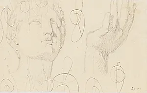 Studie af en hånd t.v. og studie af et figurhoved t.h. Illustration til Kaalunds "Fabler for Børn". Se kommentar fra arkkatalog. by Johan Thomas Lundbye